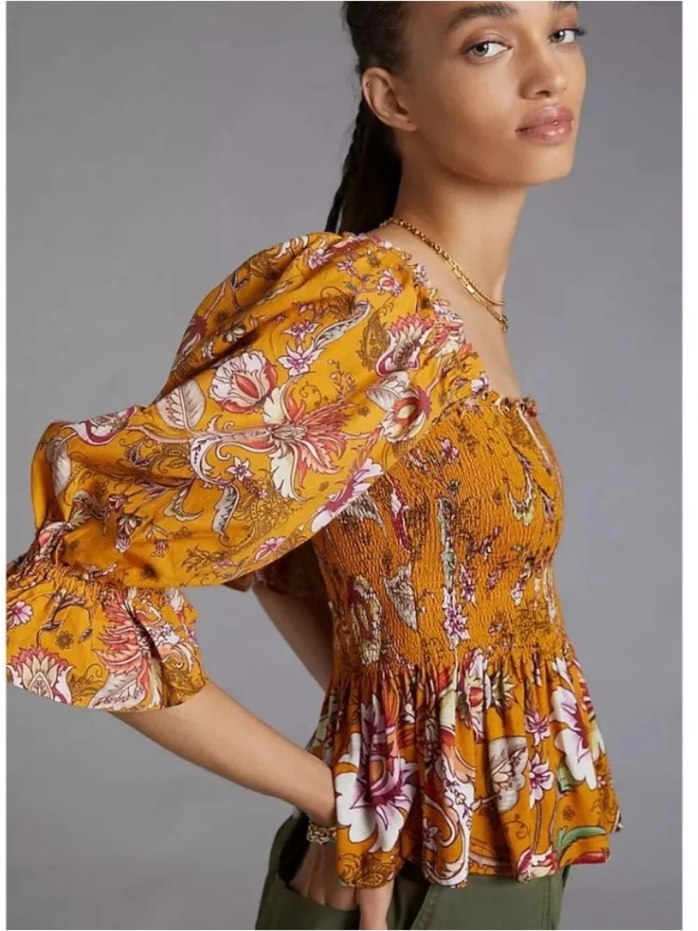 Anthropolgie Smocked Sweetheart Floral Blouse Large